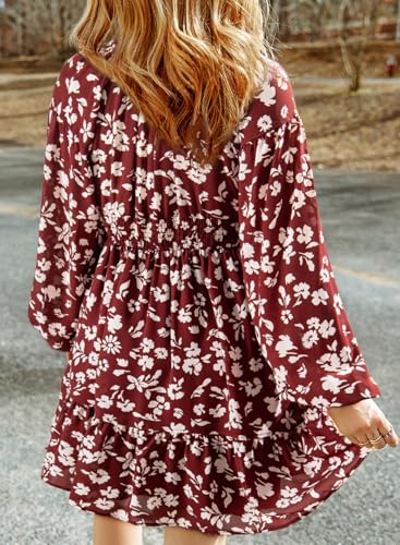 Image of Dokotoo Womens Dresses Boho Floral V Neck Long Sleeve Smocked Elastic Waist Casual A-Line Mini Dress Sundress