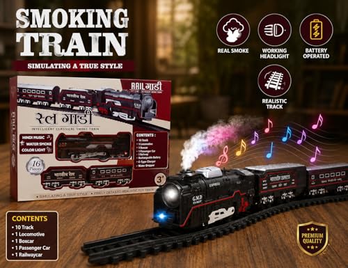 Image of Rechargeable Vintage Black Toy Train Set for Kids | Real Smoke, Bollywood Music & Light | 16-Piece Express Toy Train with Track | Birthday Gift for Boys & Girls (3+ Years) - Packaging May Vary