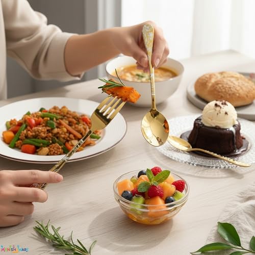 Image of Floral Gold 5 Pcs Stainless Steel Cutlery Set for Dining Table, Dishwasher Safe Glossy Flatware (1 Spoon Set+1 Forks Set+1 Butter Knife+1 Dessert Spoon+ 1 FruitFork)
