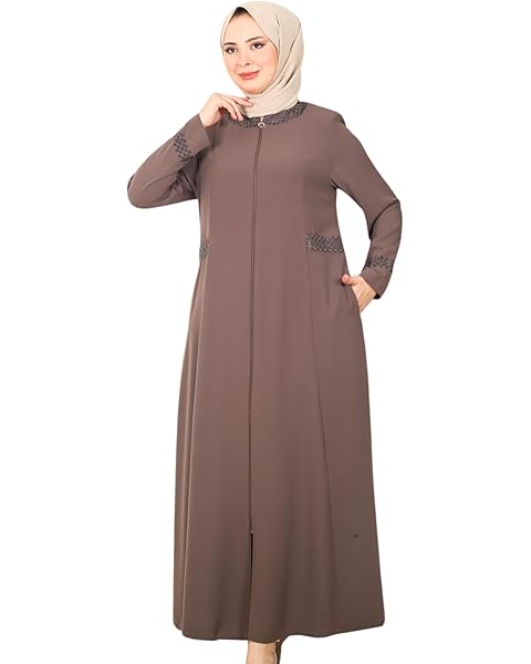 Abaya for Muslim Women with Stone Detail | Zipper and Regular Long Sleeve Dress Isl...