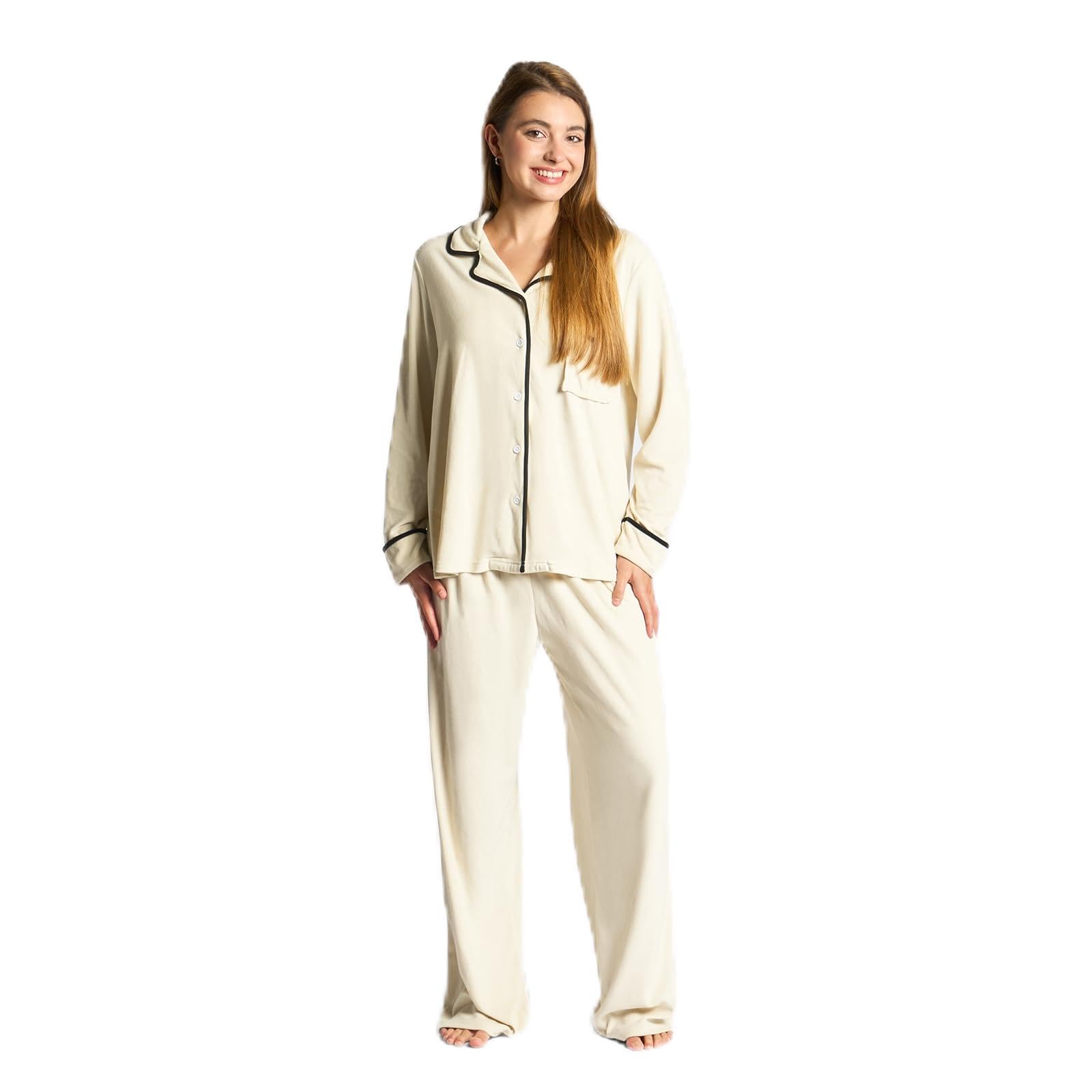 OHS Piped Edge Button Through Winter Pyjama Set Loungewear - Cream - S/M