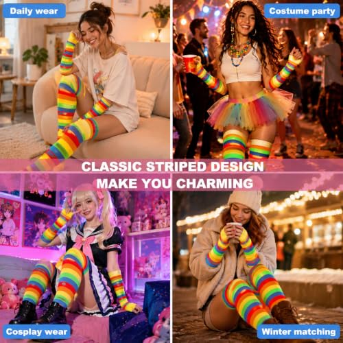 Image of Black and White Striped Arm Leg Warmers Sleeves Set Rainbow Socks Knee High Fingerless Gloves Hand Thigh Warm
