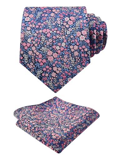 Alizeal Mens 3.15inches Floral Tie with Flower Printed Handkerchief Colorful Tie Set Navy+Blue+Pink