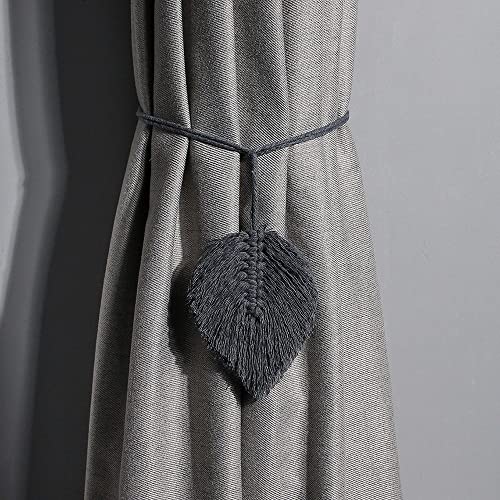 qbodp 2 Pack Boho Style Weave Tassel Curtain Tiebacks Handmade Leaf Tie Backs for Drapes, Elegant Decorative Curtain Holdbacks Curtain Ties Decorative Rope, Grey
