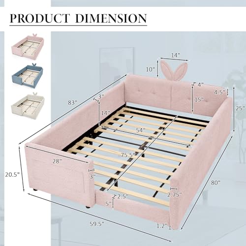 Image of Queen Size Bed Frame for Kids, Upholstered Daybed Frame Floor Bed with Safety Rails and Storage Pocket Cute Rabbit Ear Shaped Headboard for Kids Teens Boys Girls, Pink
