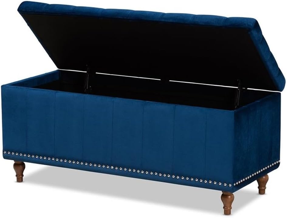 BOWERY HILL Velvet Upholstered Storage Ottoman Bench, Navy Blue, Foam-Padded Seat, Lift-Top Compartment, Button Tufted, 41.73 in Wide x 18.7 in High, Walnut Brown Legs, Living Room or Bedroom Seating