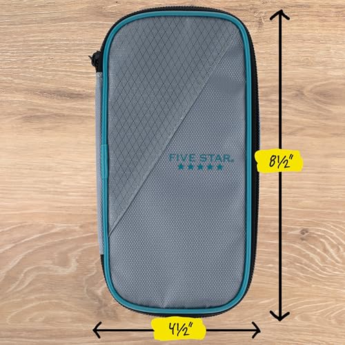 Image of Five Star Pencil Pouch Zipper High-Capacity Storage Organizer Case for Office Supplies Earbuds Chargers Cables Makeup, Grey /Teal (500212B)