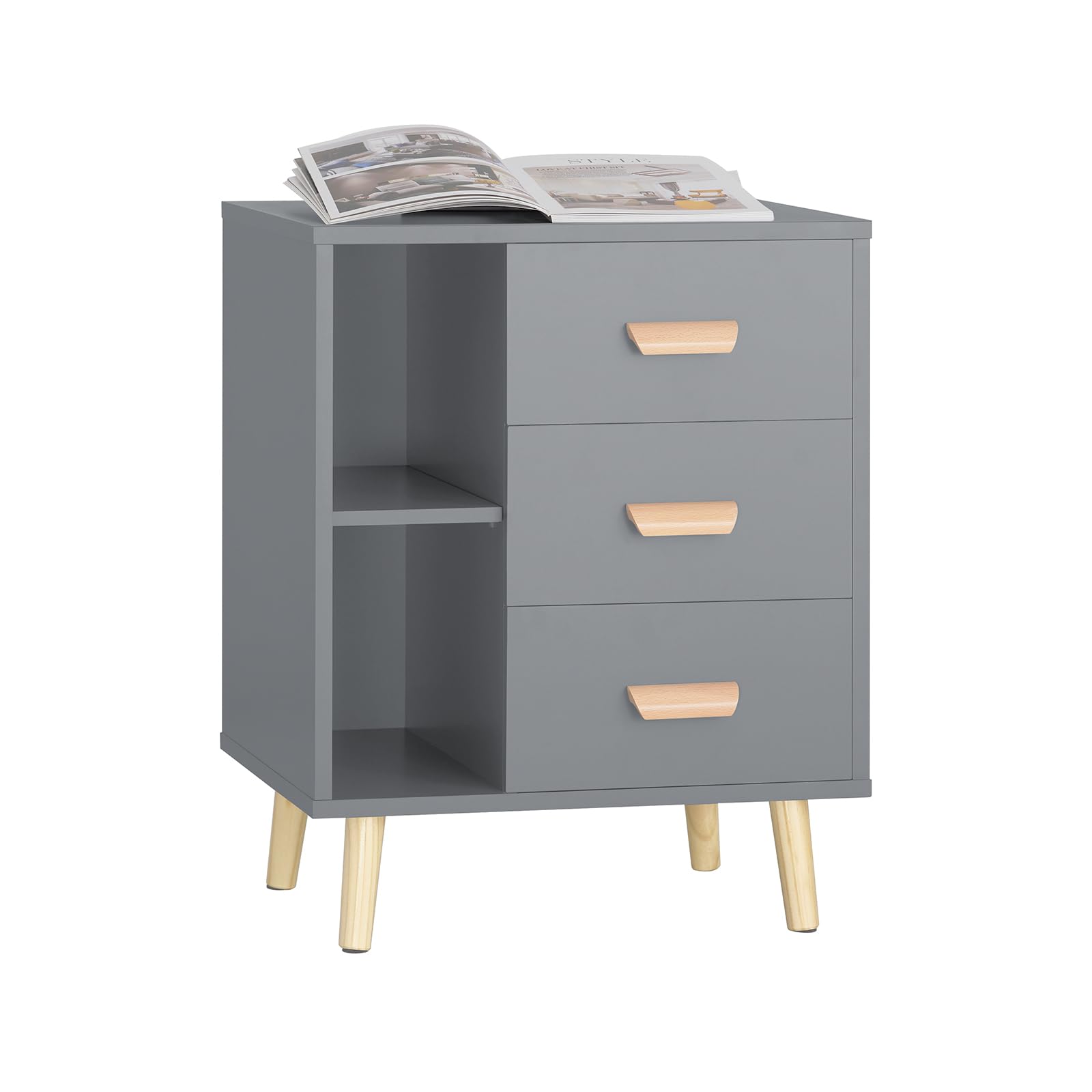 SoBuy Comodino con 3 cassetti e 2 ripiani 48x40x60 cm | Tavolino da notte moderno con cassettiera e spazio contenitore per camera, grigio FBT95-HG