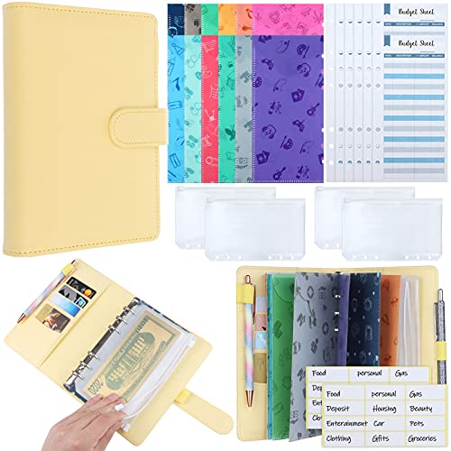 Xgood 31 Pcs Budget Organizer Binder PU Leather Cash Envelope System Sets, 12 Pcs Budget Money Envelopes, 12 Expense Budget Sheets, 4 A6 PVC Bags and 24 Blank Labels for Money Planner, Yellow