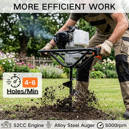 Image of DC HOUSE 52cc 1800W Gas Powered Earth Auger EPA Certified Post Hole Digger, with 2 Drill Bits 6 inch 10 inch, Mixing Ratio 30:1, for Fence, Farmland and Garden