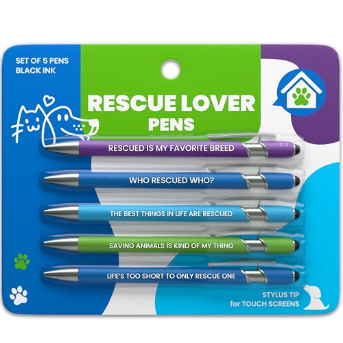 Funny Cat & Dog Rescue Lover Gift Pen Set – 5 Black Ink Ballpoint Pens with Stylus Tip & Quality Metal Barrel with Fun Quotes - Gifts for Dog Moms, Cat Lovers, Animal Advocates, Fosters & Volunteers