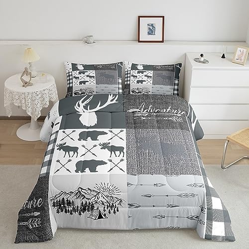 Deer Antlers Comforter Set for Kids, Rustic Plaid Buffalo Patchwork Quilt Twin for Boys Teens Adult Men, Farmhouse Camping Down Comforter Hunting Bear Moose Wild Animal Bedding Set, Grey Whi