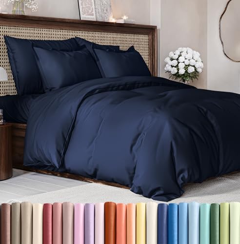 Duvet Cover Queen Size Set – Extra Soft Queen Size Duvet Cover 90 x 90 with 2 Pillow Shams – Hotel Luxury Easy Care and Fade Free w/Zipper Closures & Ties – Comfy Breathable Bedding Set (Navy Blue)