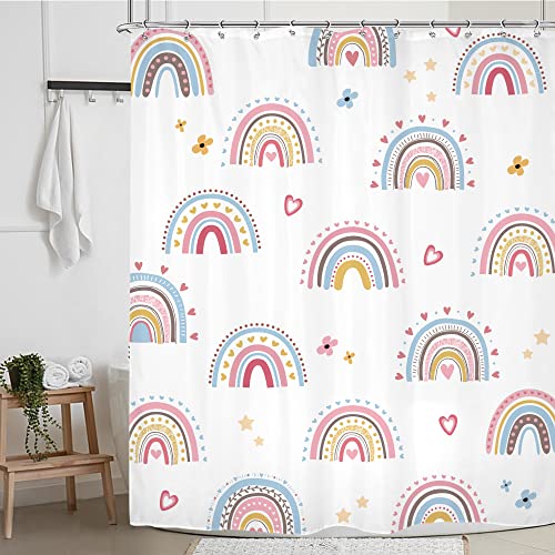Cinbloo Boho Rainbow Girls Shower Curtain Cartoon Cute Lovely Colorful Bathroom Curtain Set Love Heart Stars Kids Nursery Bath Curtain Cloth Fabric Bathroom Accessories Decor With 12 Hooks 60Wx72H #TOP26