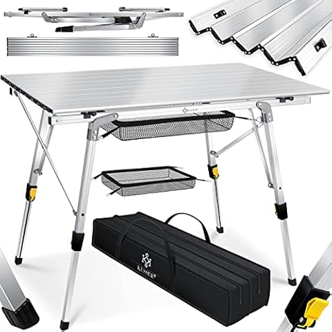 KESSER® Campingtisch faltbar Klapptisch Camping Tisch mit Aluminiumrahmen Aufrollbare Tischplatte Falttisch klappbar Höhenverstellung inkl. Tragetasche mit Trageband 90 x 53cm - bis 30 kg, Silber Cover