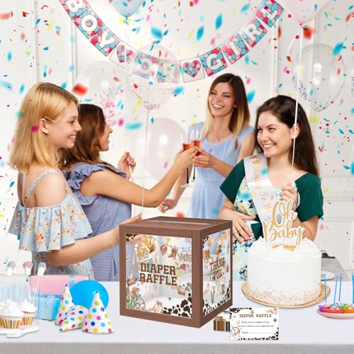 Image of 51Pcs Cowboy Baby Shower Diaper Raffle Box with 50 Tickets, A Little Cowboy Is On The Way Diaper Raffle Game Box for Gender Reveal Party Decoration