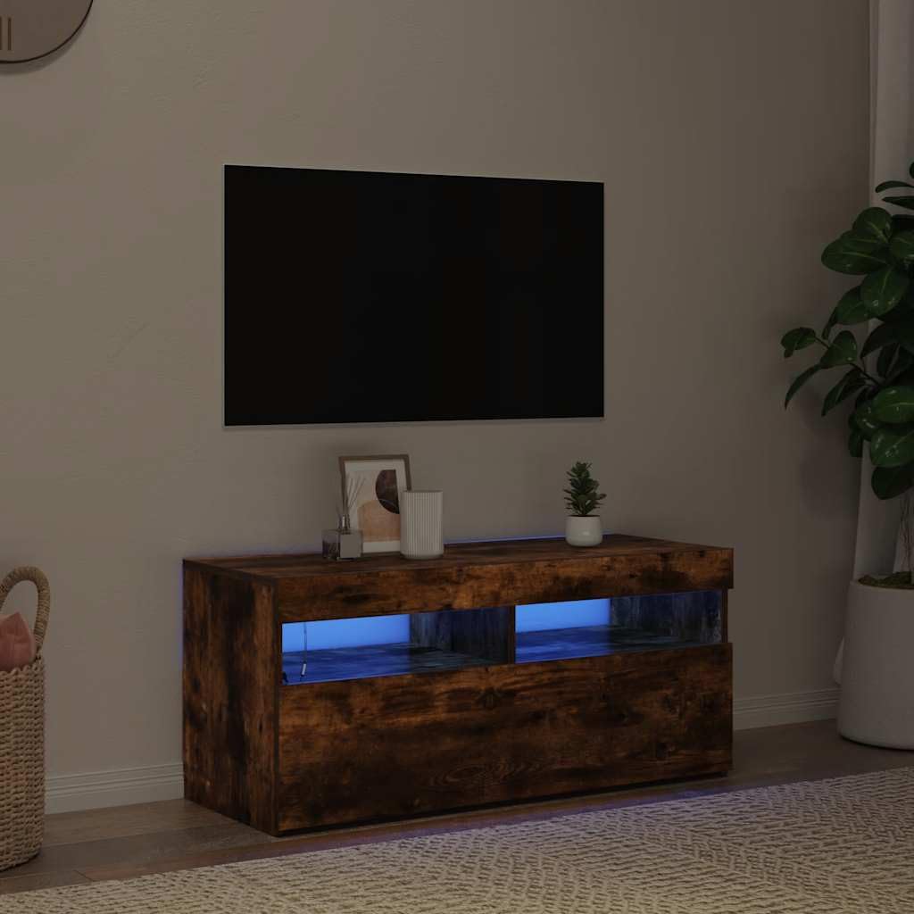 Meuble TV Moderne avec Éclairage LED RGB, Meuble de Salon en Bois d'Ingénierie Chêne Fumé 90 cm, Rangement Pratique pour Téléviseur, Console de Jeux Vidéo et Déco Salon