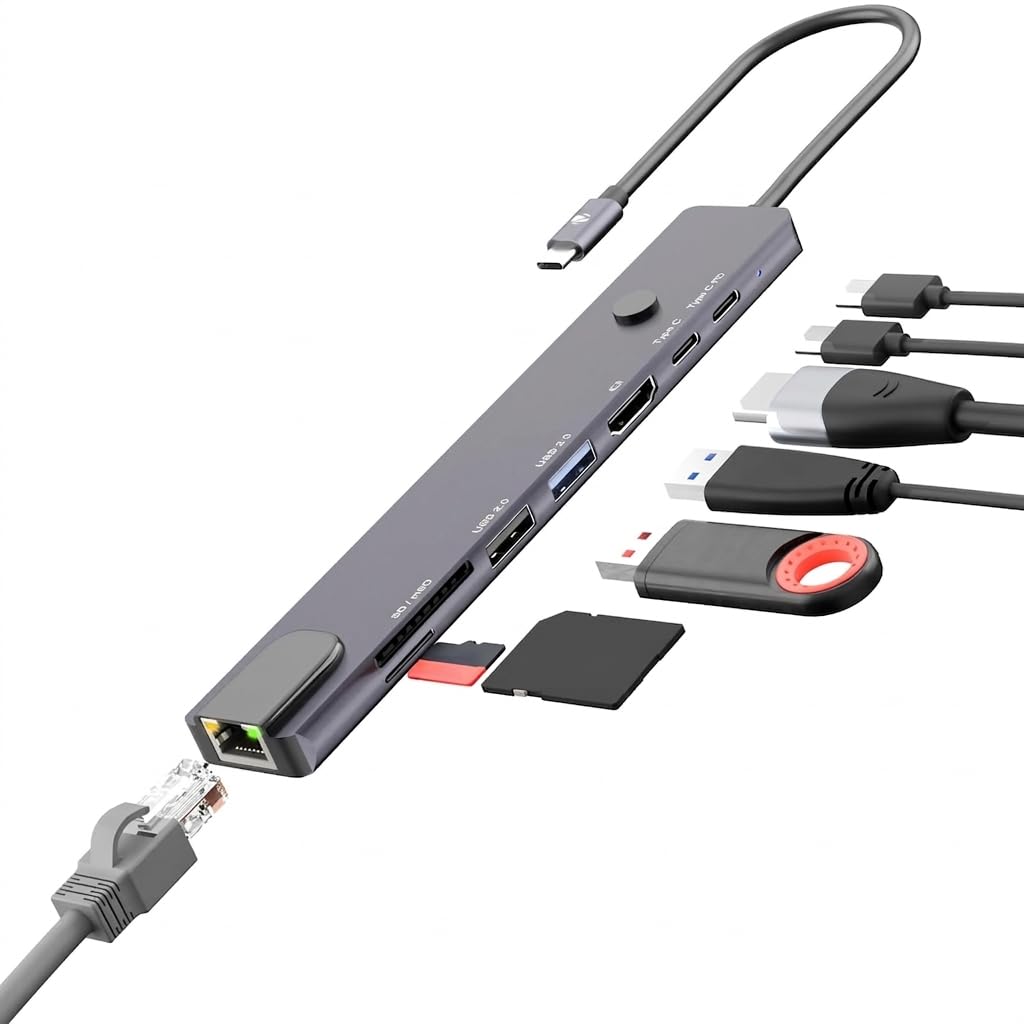 8-in-1 Type-C Multiport Hub, 100W PD Support, 5Gbps Data Transfer, HDMI 1.4 (4K@30Hz) with On/Off Button, USB, SD, mSD, RJ45, Metal Body, LED Display (CT81 Plus)-picture-32