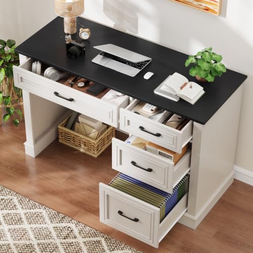 Image of Farmhouse 47 inch Executive Desk with File Drawer, Computer Desk with 4 Drawers, Workstation for Writing, Study, Home Office, Black.