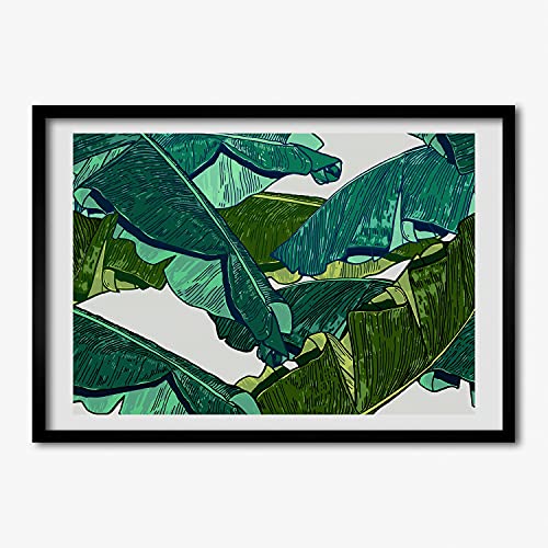 Tableau feuilles de bananier avec son cadre en bois moderne pour salon lumineux