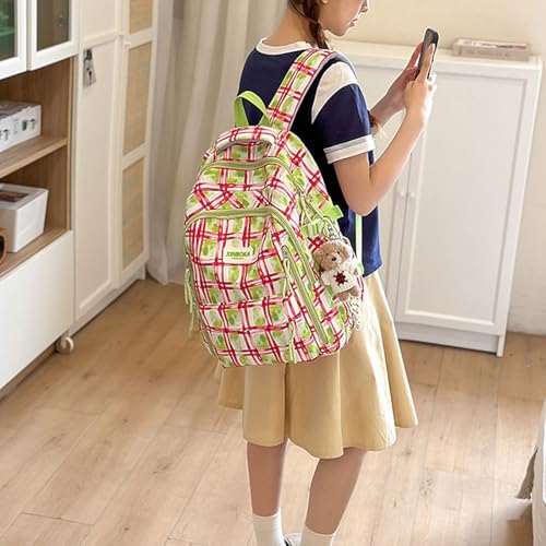 Teclado Kawaii Backpack with Cute Accessories Plaid Nylon Casual Bookbags with Pendants Laptop Bag Travel Daypacks (Pink)3