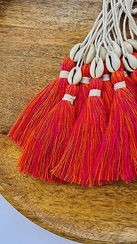 Image of Zippy Flora Handmade Cotton Tassels with Cowrie Shells for DIY & Crafts Project, Pack of 10 (Mix- Dark Pink & Orange)