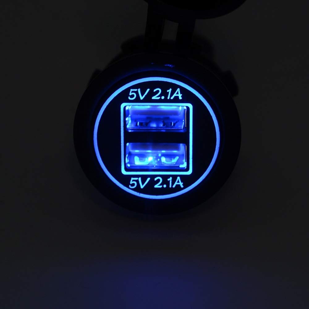 USB Car Charger, Universal 2 porte Presa di alimentazione Dual USB caricatore 5V 4.2A IP66 Con Aperture FreeLeben (Color : Blue Light)