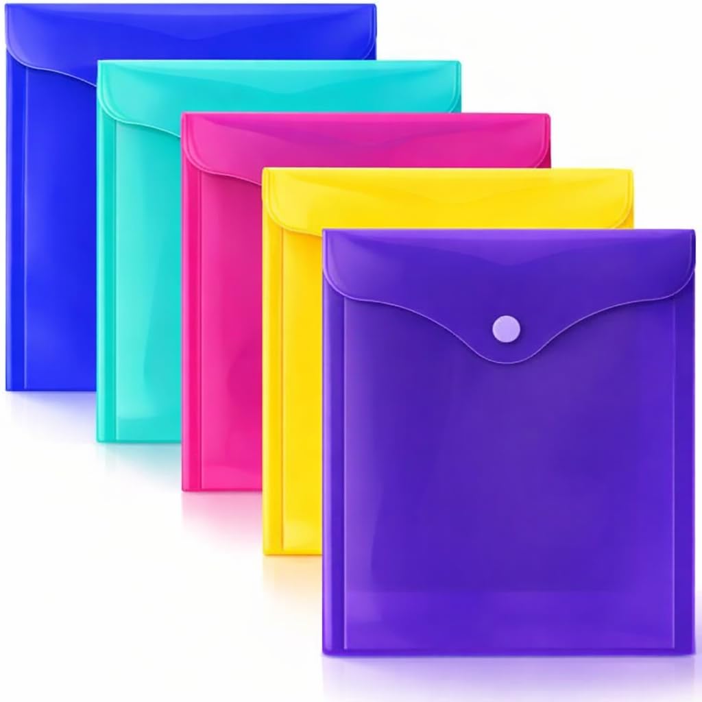 1ABOVE A5 Popper Wallets – Pack of 5 Assorted Colour Plastic Document Folders with Snap Closure, Lightweight Transparent Wallets for Office, School & Home Filing