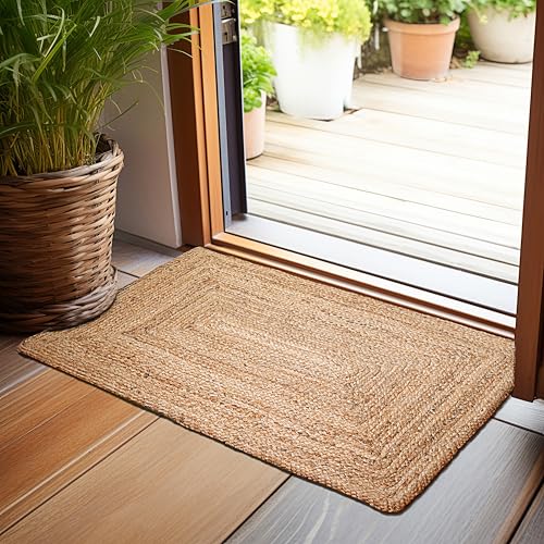 Hausattire Hand Woven Jute Braided Rug, 2'x3' – Natural, Reversible Boho Entry Area Rugs for Kitchen, Living Room I Farmhouse Indoor Outdoor Decorative Floor Rug, 24x36 Inches