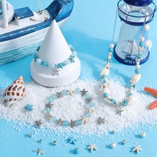 SUNNYCLUE 1 Box 250Pcs Ocean Bead Kit Starfish Beads Lucky Turquoise Bead Sea Star Beads Starfish Charms Round Stone Bead Hawaii Summer Spcaer Beads for jewellery Making Kits Women Adults Supplies - Image 4