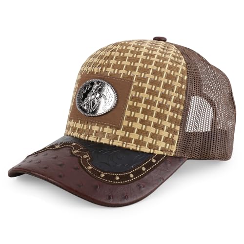 Image of Straw Design Metallic Rodeo Cowboy Horse Metal Logo Trucker Mesh Baseball Cap