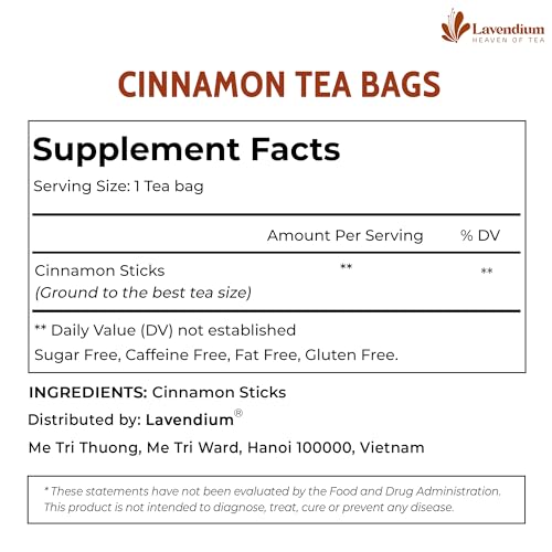 Image of Lavendium, Premium 20 Pure Cinnamon Tea Bags, 100% Natural Ceylon Cinnamon, Made with Natural Corn Fiber Tea Bags, No Additives or Preservatives, Caffeine-Free, Perfect for Daily Herbal Tea
