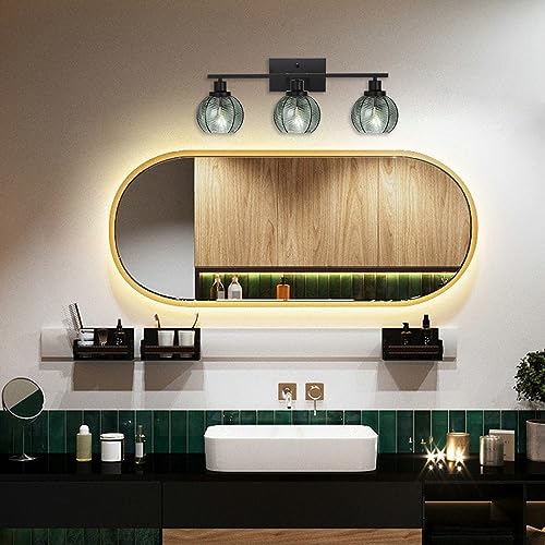 Image of 3-Light Bathroom Light Fixture Green Wall Lights with Ribbed Glass Shade Black Vanity Light Over Mirror Mid Century Wall Sconce for Bedside Bedroom Living Room