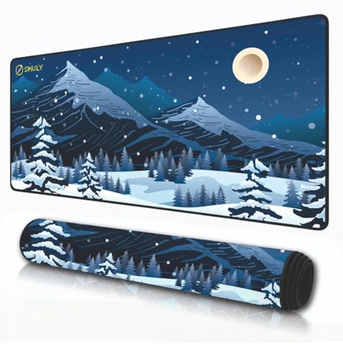 Image of Snowy Mountain Scene Large Desk Mat, Extended Mouse Pad 58.5 x 28 cm, Desk Pad, Washable Mousepad, 2mm Thick Non-Slip Rubber Base, Stitched Edges for Office, Home & Workstation (Multicolour)