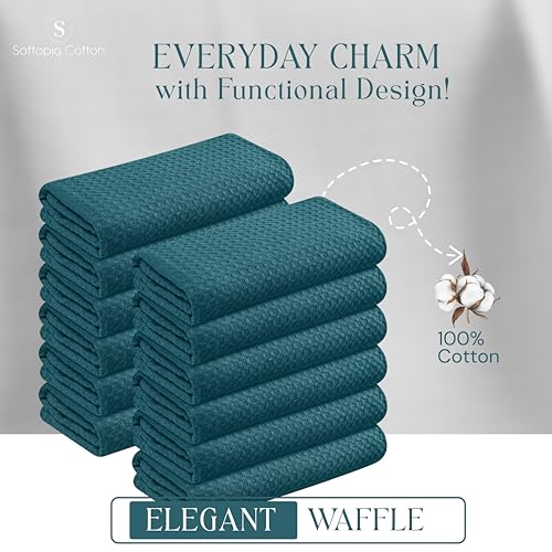 Image of Teal Green Kitchen Towels - Waffle Weave, 100% Cotton, Soft & Absorbent, Fast Dry, Durable, 16x26 Inches, Perfect for Dish Drying, Bar, Cleaning, and Everyday Use, Set of 12, Teal