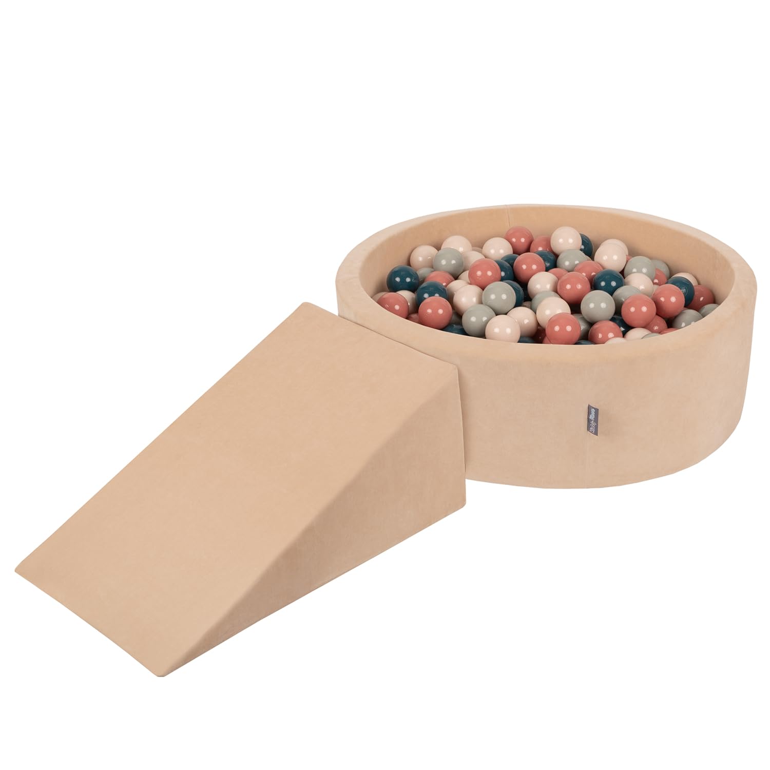 KiddyMoon Foam Playground Velvet For Kids With Round Ballpit (200 Balls ∅ 7Cm/2.75In) Soft Obstacles Course And Ball Pool, Sand Beige: Dark Turquoise/Pastel Beige/Green/Gray/Salmon