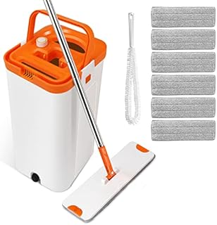 Myiosus Flat Mop and Buckets Sets, Microfibre Floor Mop with 6 Reusable Pads & 126cm Long Handle, Dry Wet Mops for Cleaning Hardwood Laminate Tiles Floors - 3 Chamber Design