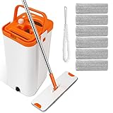 Myiosus Kit Balai Serpillère et Seau, Balai Microfibre Plat avec Manche en INOX, Seau Double Compartiment Humide et à Sec, pour Nettoyage de Sol - 6 Tampons de Serpillere