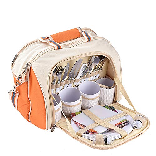 Picnic Basket 4 Person Picnic Backpack Bag With Blanket Includes 29 Pieces Cooler Bag Detachable Bottle/Wine Holder Fleece Blanket Cutlery And Plates