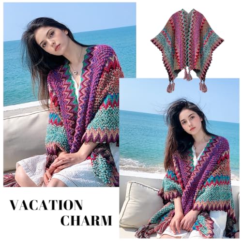 Image of SANNIDHI Shawl for Women Winter Summer, Hand-Knitted Cardigan Shawls for Women, Fashion Ladies Sweater Wrap Poncho Cape with Fringe for All Seasons, Multi Use Beach Cover Up (140x110cm)