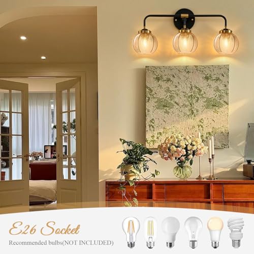 Image of 3 Light Glass Globe Wall Sconce Lights Amber Mid Century Modern Wall Light Fixtures Bathroom Vanity Lights with Ribbed Glass Shade Black Gold Wall Mount Lamp Over Mirror Bedroom