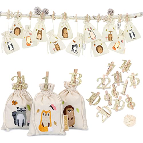 Papierdrachen Adventskalender 2026 - Stoffsäckchen Waldtiere bestickt – Ansicht 1