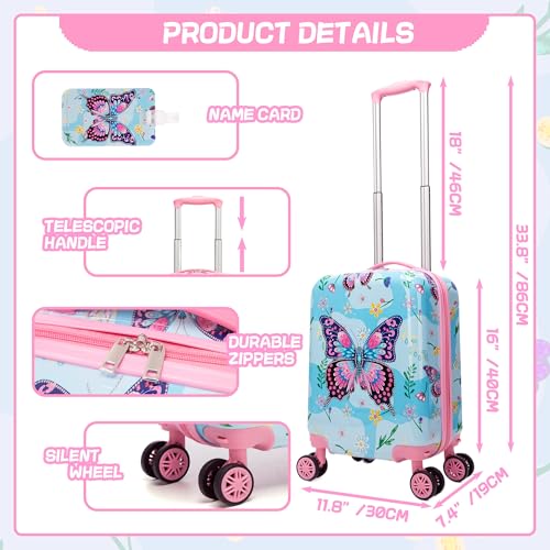 Image of Kids Luggage Set 2 Pcs Carry On Rolling Suitcase with U shaped Pillow Butterfly Toddler Suitcase for Girls Hardside Luggage with Spinner Wheels Airline Approved