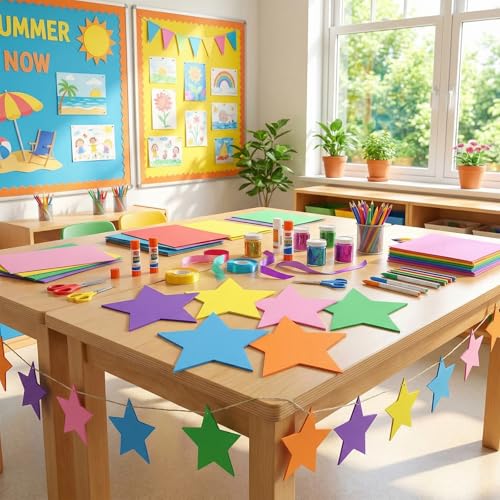 Image of Ireer 48 Pcs Large Star Shaped Foam Cutouts 6 Inch Neon Bulletin Board Decor Star Shape Cutouts DIY Crafts for Classroom Craft Project Party Supplies Chalkboard Wall Decor