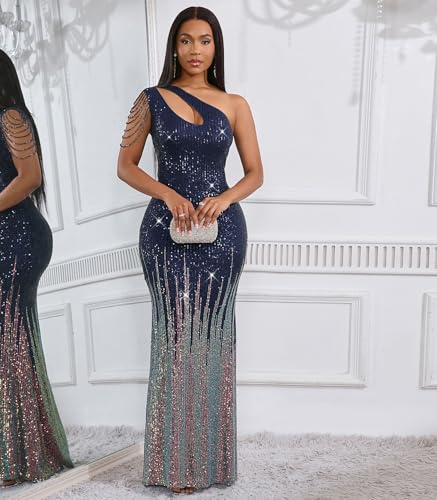 Image of Cololura Women Sequin Elegant Sexy One Shoulder Tassel Mermaid Bodycon Cocktail Evening Dress