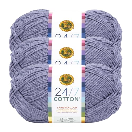 Image of Lion Brand Yarn, 24 /7 Cotton Mercerized Lightweight Yarn for Knitting, Crochet, and Crafts, Blue Grey, 3 Pack, 185 Yards of Natural Fiber for Breathable Tops, Durable Bags, and Easy-Care Dish Cloths | Light Worsted 100% Mercerized Cotton Yarn for Crochet, Knitting, Craft, 185 Yards of Natural Fiber for Tees, Bags, Dishcloths