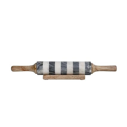 Bloomingville Striped Marble Rolling Pin with Wood Stand, Natural, Black, and White Kitchen Utility