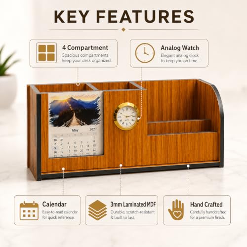 Image of Zesta Wooden Desk Organizer Pen Stand Remote Holder Card Slot | Table Accessory Office Desk Study Room | Pencil Storage Stand Stylish Workspace Decor (Nainteek, Executive)