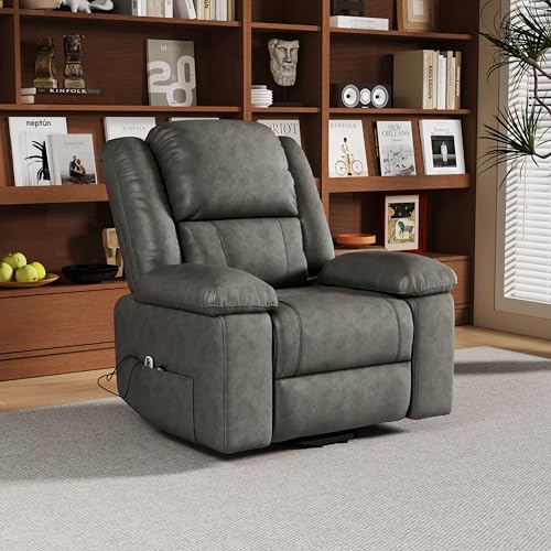 TEOSTWF Sillón reclinable de 8 puntos con elevación de masaje, sofá de tela con vibración térmica, sillón reclinable de tela con bolsillo lateral y puerto de carga USB y control remoto de masaje (gris