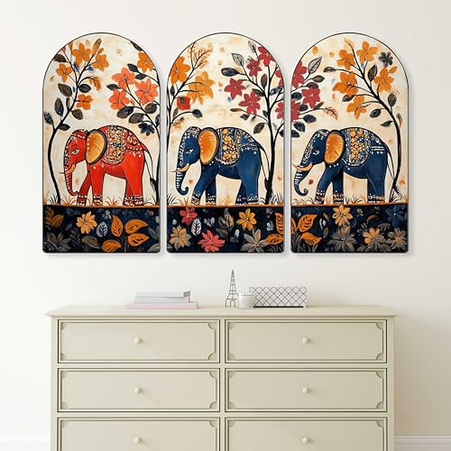 Image of Livin'luxe Elephant Wall Art | Set of 3 MDF Panel Paintings | Traditional Floral & Animal Theme Decorative Wall Hanging for Living Room, Bedroom & Home Interiors